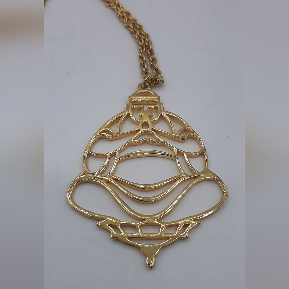 Vintage Buddha Outline Statement Pendant Necklace Praying Percher 13 in